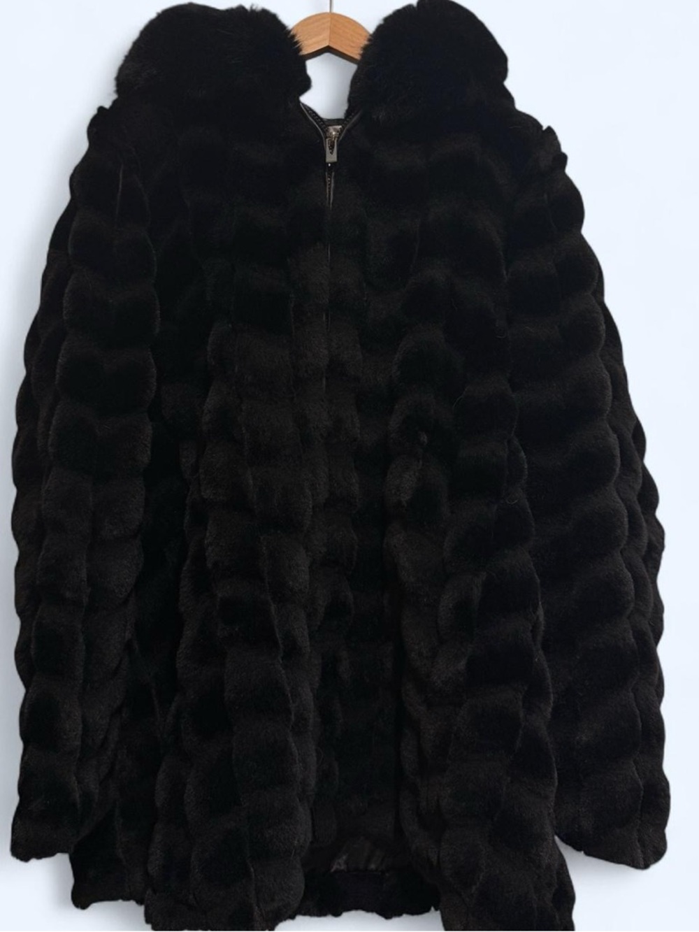 Vintage 90s Via Spiga Black Faux Fur Zip-Front Hooded Full-Zip Coat size 2XL